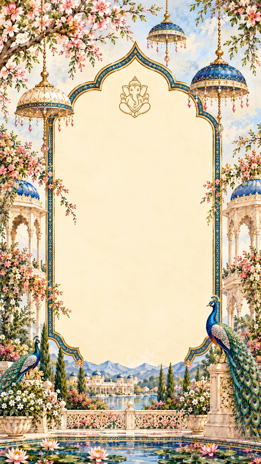 Invitation panel framed by blue and gold arch, peacocks and hanging domes