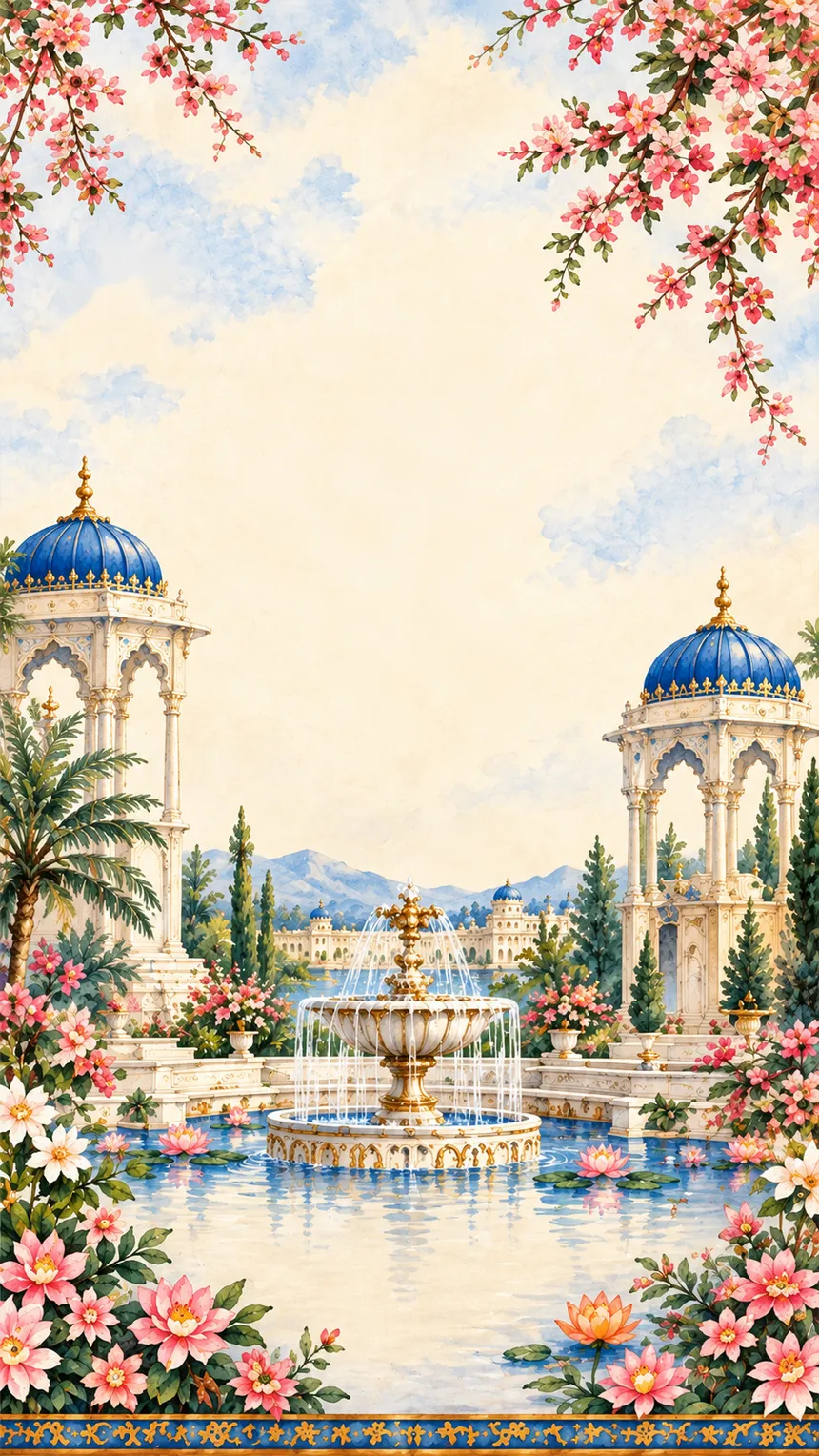 Marble pavilions and a fountain in a lotus pond, beneath pink blossoms